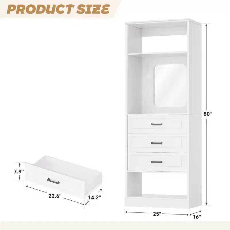 Organizzatore armadio indipendente con specchio e 3 cassetti, guardaroba per 1 persona – Beige / Nero / Bianco