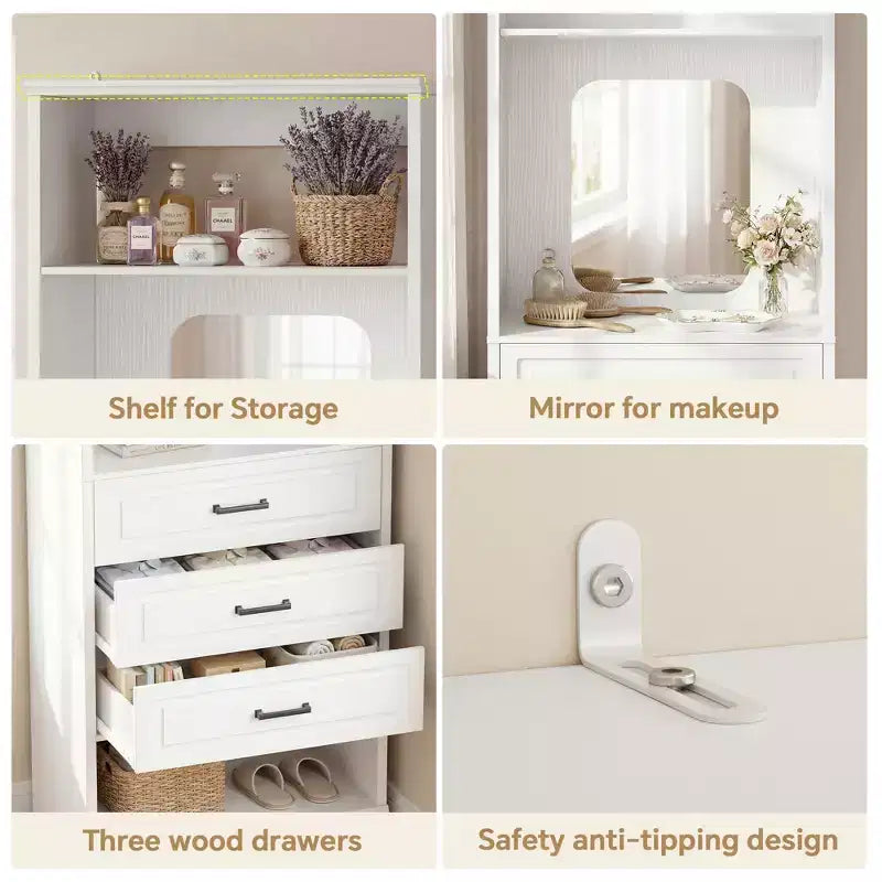 Organizzatore armadio indipendente con specchio e 3 cassetti, guardaroba per 1 persona – Beige / Nero / Bianco