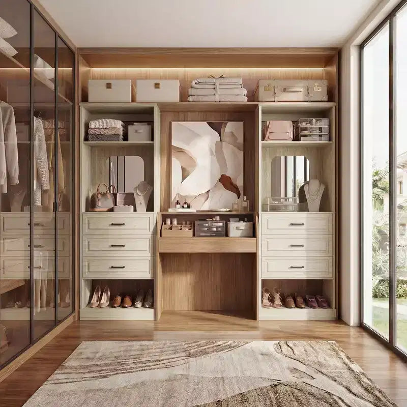 Organizzatore armadio indipendente con specchio e 3 cassetti, guardaroba per 1 persona – Beige / Nero / Bianco