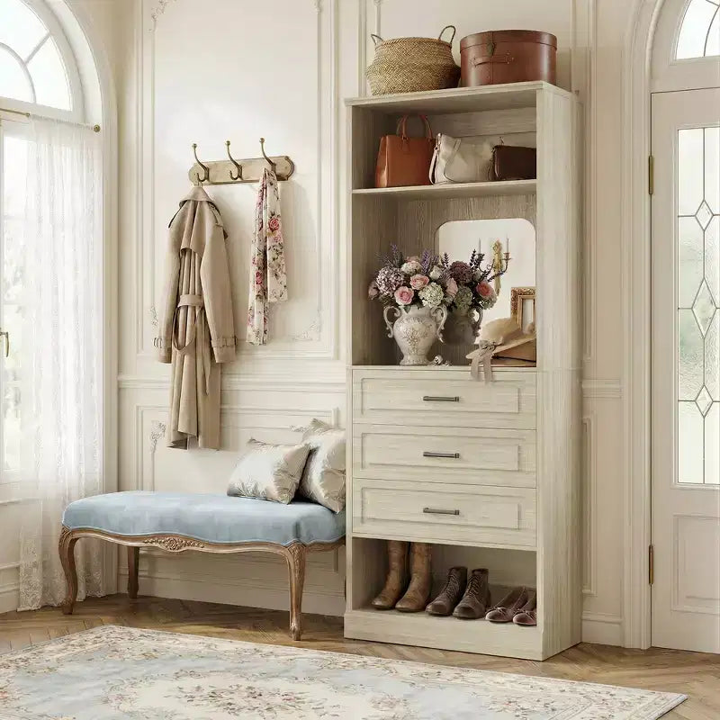 Organizzatore armadio indipendente con specchio e 3 cassetti, guardaroba per 1 persona – Beige / Nero / Bianco
