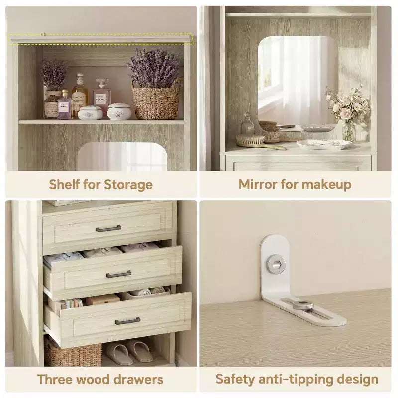 Organizzatore armadio indipendente con specchio e 3 cassetti, guardaroba per 1 persona – Beige / Nero / Bianco