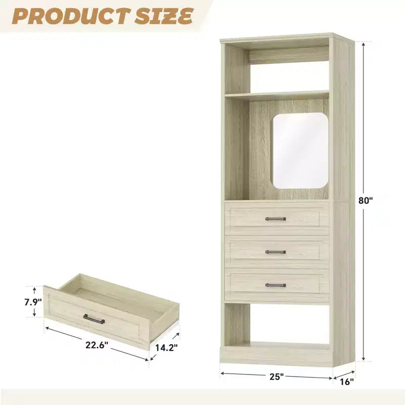 Organizzatore armadio indipendente con specchio e 3 cassetti, guardaroba per 1 persona – Beige / Nero / Bianco