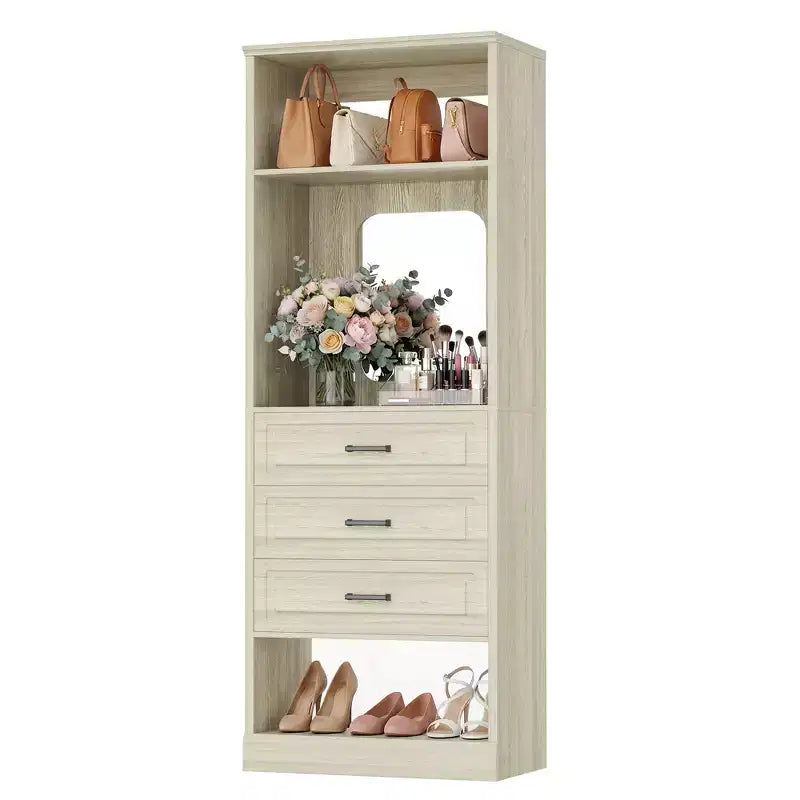Organizzatore armadio indipendente con specchio e 3 cassetti, guardaroba per 1 persona – Beige / Nero / Bianco