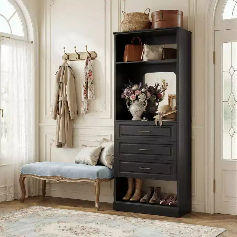 Organizzatore armadio indipendente con specchio e 3 cassetti, guardaroba per 1 persona – Beige / Nero / Bianco