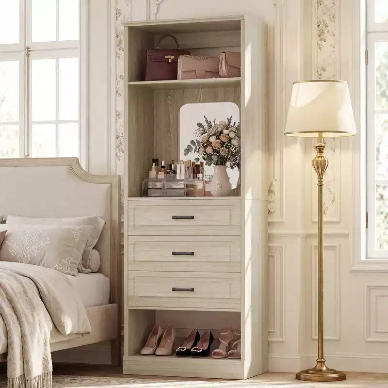 Organizzatore armadio indipendente con specchio e 3 cassetti, guardaroba per 1 persona – Beige / Nero / Bianco