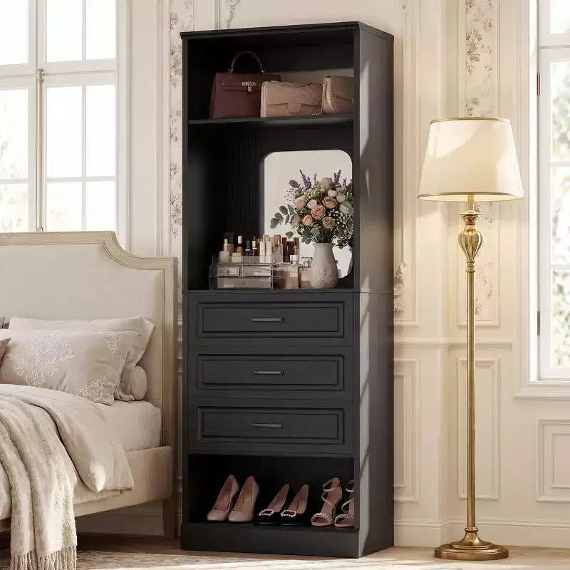 Organizzatore armadio indipendente con specchio e 3 cassetti, guardaroba per 1 persona – Beige / Nero / Bianco