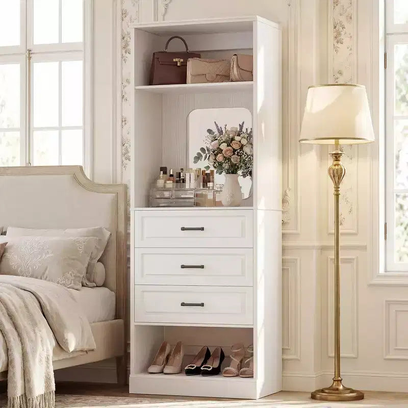 Organizzatore armadio indipendente con specchio e 3 cassetti, guardaroba per 1 persona – Beige / Nero / Bianco