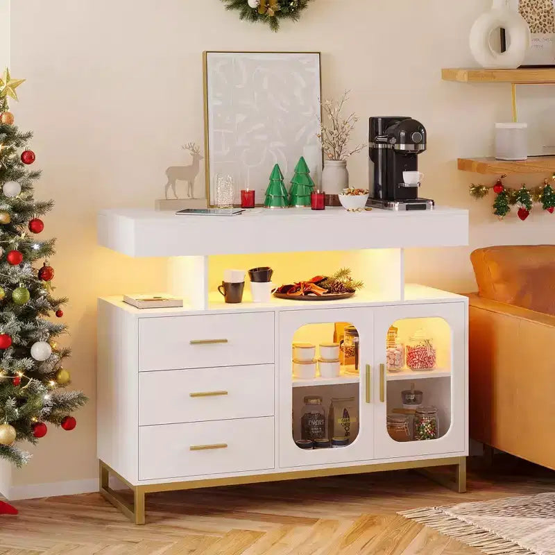 Madia da buffet bianca a LED con stazione di ricarica, 3 cassetti e 2 ante