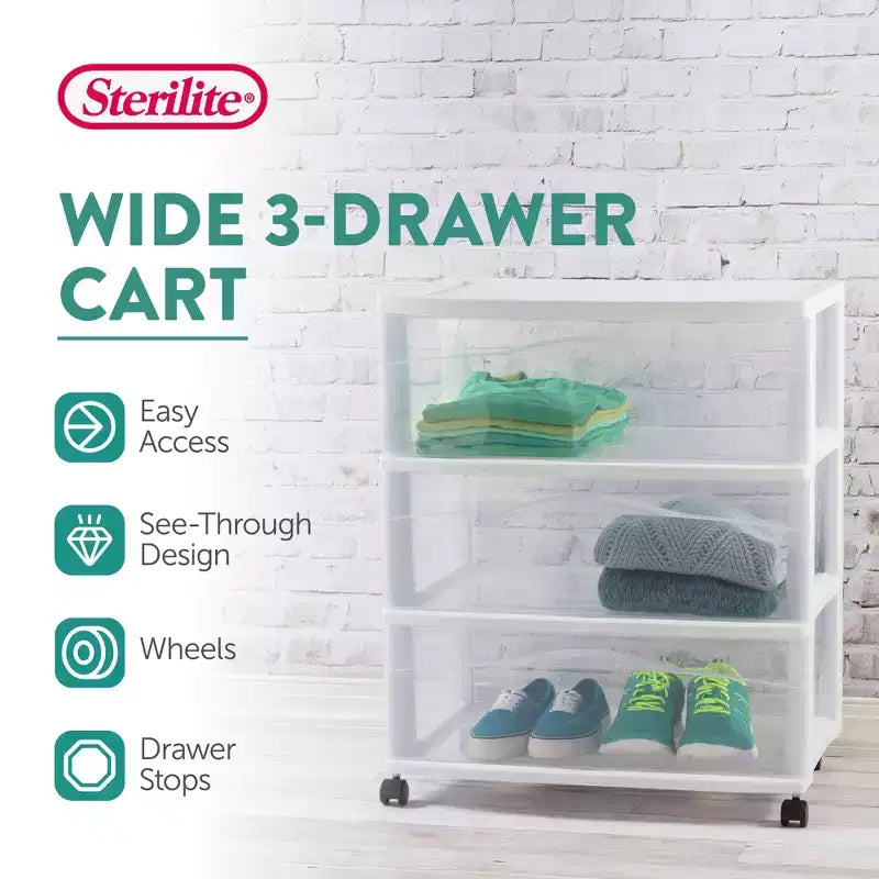 Carrello portaoggetti largo bianco a 3 cassetti con ruote