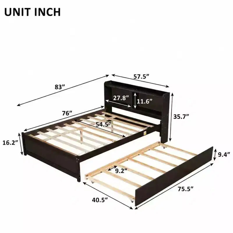 Letto a piattaforma full size con letto estraibile e testiera libreria — Espresso / Grigio / Bianco, per 2 persone