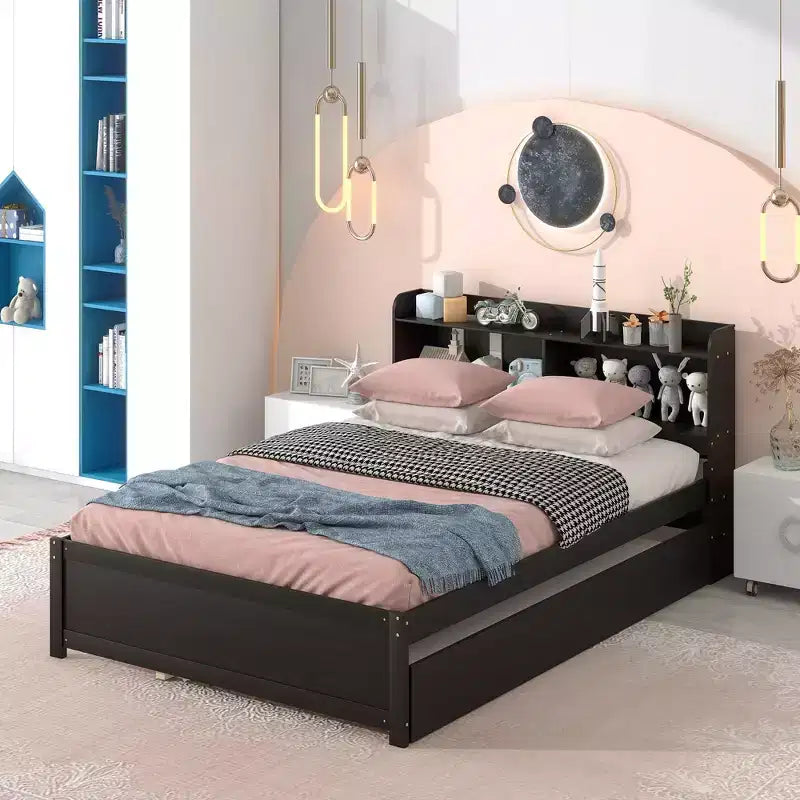 Letto a piattaforma full size con letto estraibile e testiera libreria — Espresso / Grigio / Bianco, per 2 persone