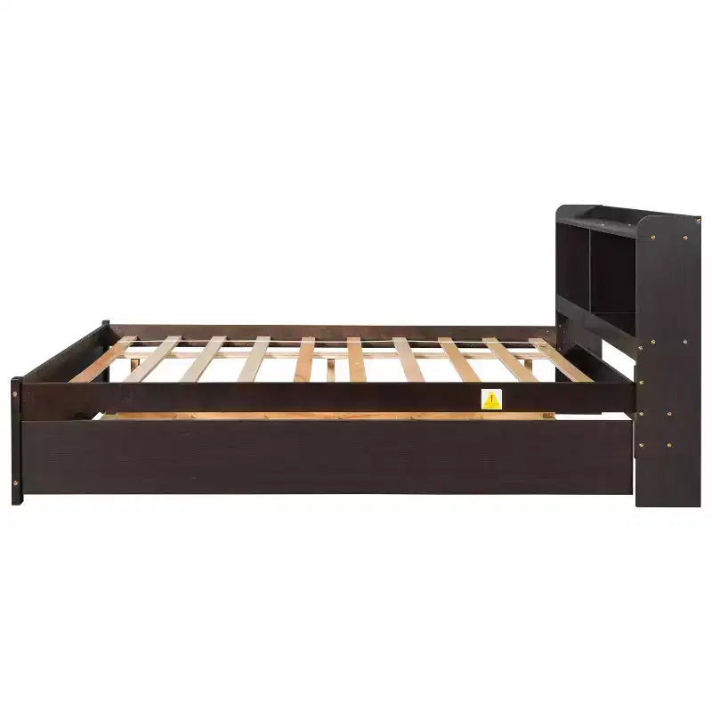Letto a piattaforma full size con letto estraibile e testiera libreria — Espresso / Grigio / Bianco, per 2 persone