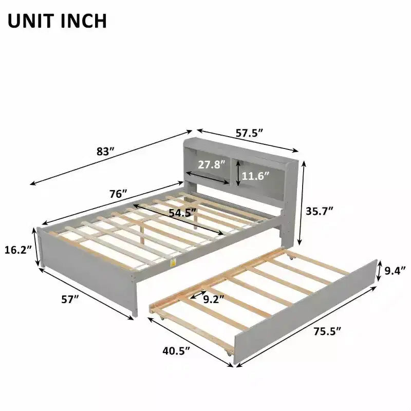 Letto a piattaforma full size con letto estraibile e testiera libreria — Espresso / Grigio / Bianco, per 2 persone