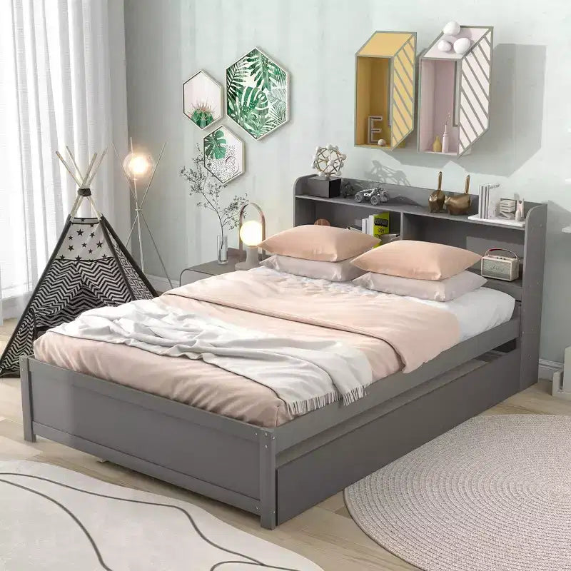 Letto a piattaforma full size con letto estraibile e testiera libreria — Espresso / Grigio / Bianco, per 2 persone
