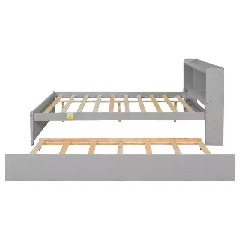 Letto a piattaforma full size con letto estraibile e testiera libreria — Espresso / Grigio / Bianco, per 2 persone