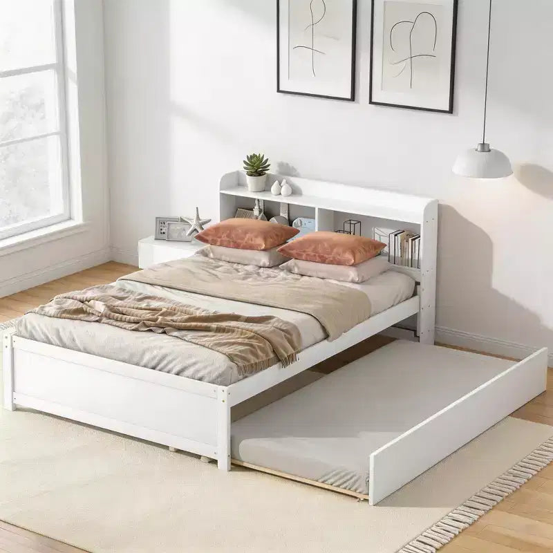 Letto a piattaforma full size con letto estraibile e testiera libreria — Espresso / Grigio / Bianco, per 2 persone