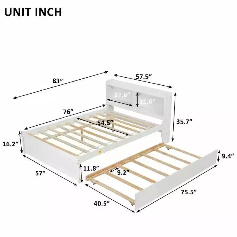Letto a piattaforma full size con letto estraibile e testiera libreria — Espresso / Grigio / Bianco, per 2 persone