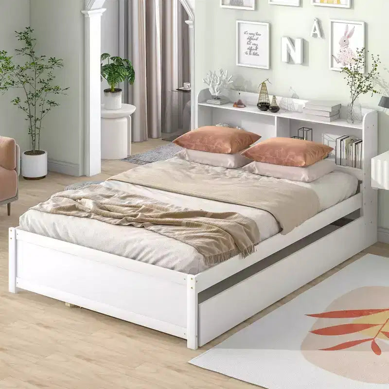 Letto a piattaforma full size con letto estraibile e testiera libreria — Espresso / Grigio / Bianco, per 2 persone