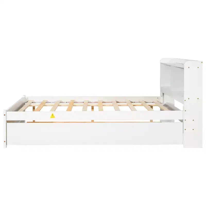 Letto a piattaforma full size con letto estraibile e testiera libreria — Espresso / Grigio / Bianco, per 2 persone