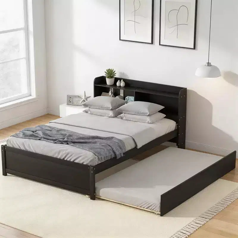 Letto a piattaforma full size con letto estraibile e testiera libreria — Espresso / Grigio / Bianco, per 2 persone