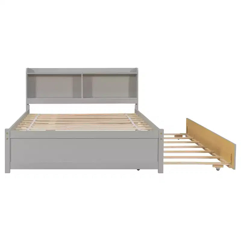 Letto a piattaforma full size con letto estraibile e testiera libreria — Espresso / Grigio / Bianco, per 2 persone