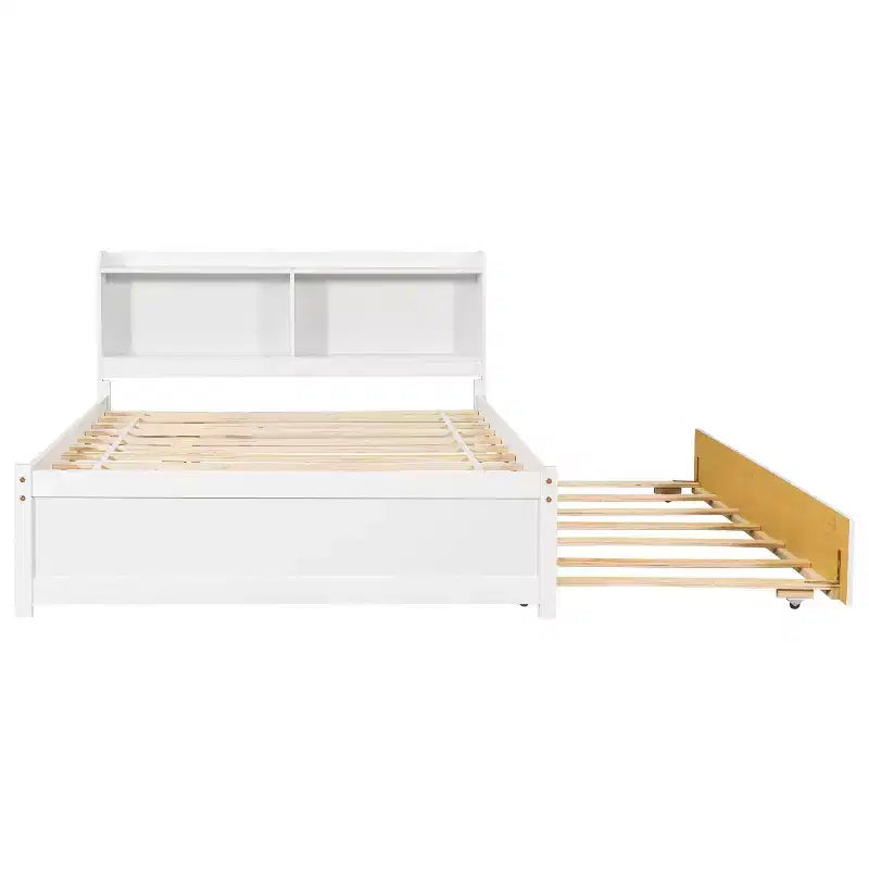 Letto a piattaforma full size con letto estraibile e testiera libreria — Espresso / Grigio / Bianco, per 2 persone