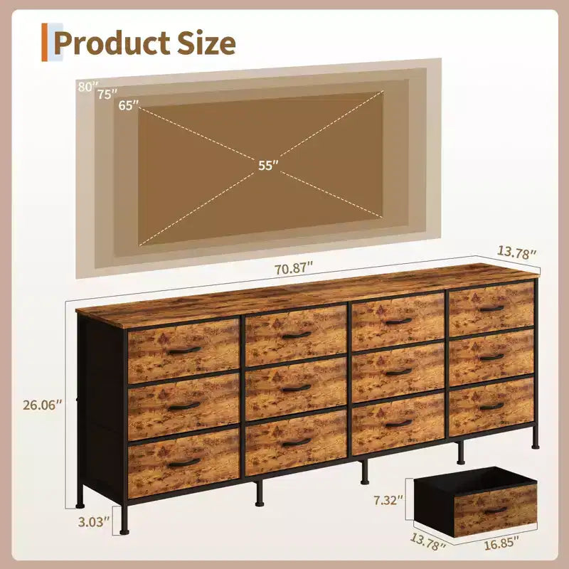Comodino/Cassettiera in tessuto nero a 12 cassetti con piano in legno, ampio cassettone per camera da letto e soggiorno