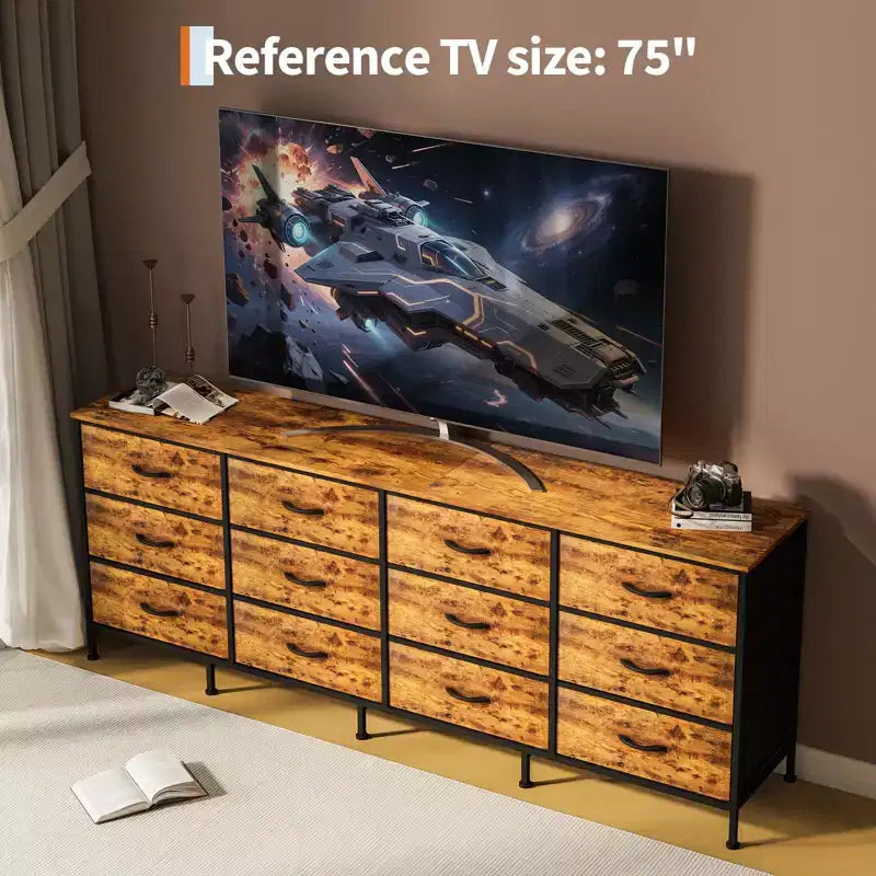 Comodino/Cassettiera in tessuto nero a 12 cassetti con piano in legno, ampio cassettone per camera da letto e soggiorno
