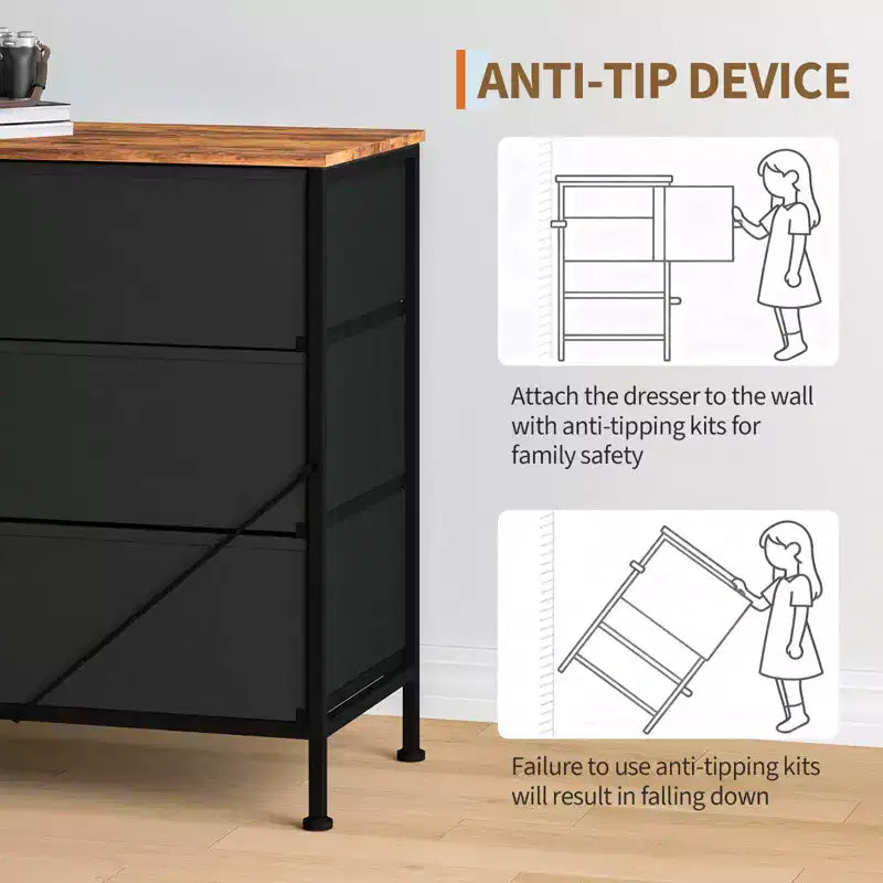 Comodino/Cassettiera in tessuto nero a 12 cassetti con piano in legno, ampio cassettone per camera da letto e soggiorno