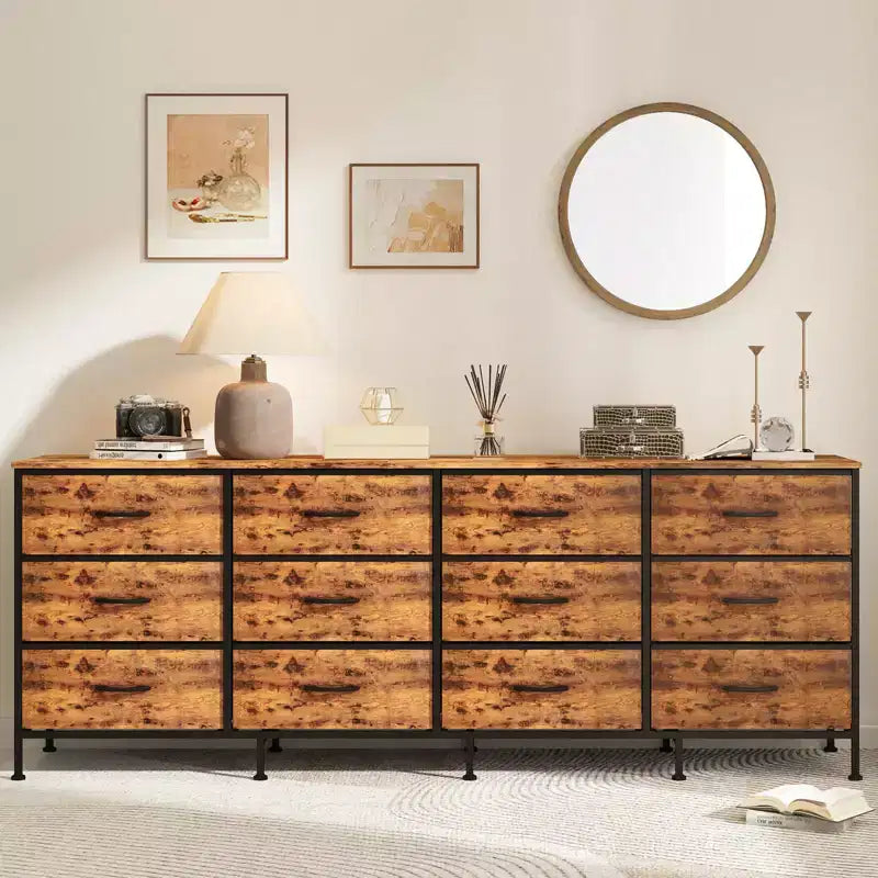 Comodino/Cassettiera in tessuto nero a 12 cassetti con piano in legno, ampio cassettone per camera da letto e soggiorno