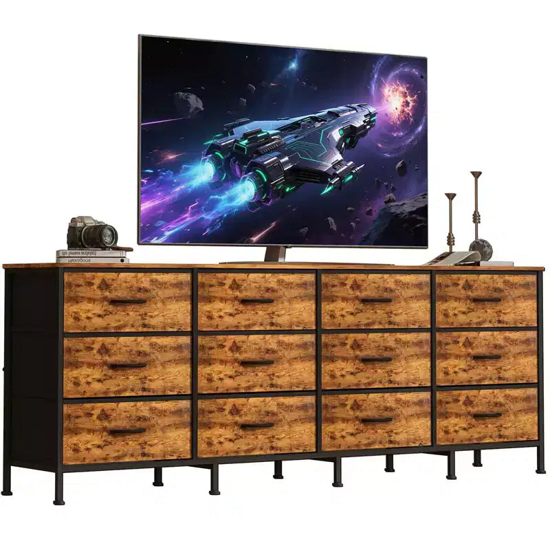 Comodino/Cassettiera in tessuto nero a 12 cassetti con piano in legno, ampio cassettone per camera da letto e soggiorno