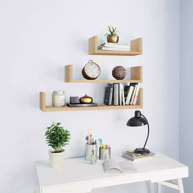 Set di 3 mensole galleggianti a muro – Legno composito, multicolore