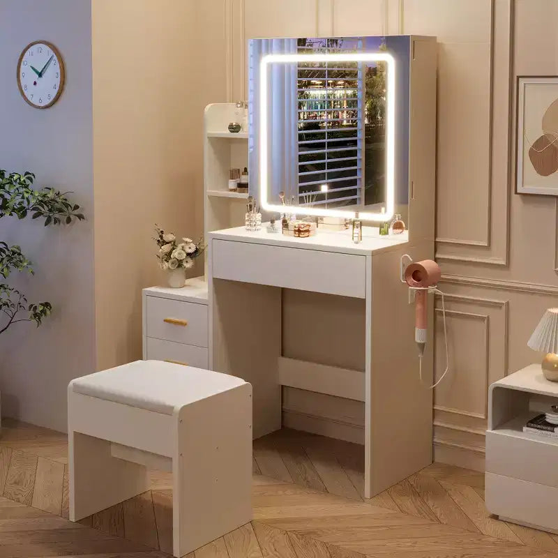 Set Trucco Illuminato a LED con Sgabello, 4 Cassetti e Specchio Scorrevole, Nero/Bianco, Singolo