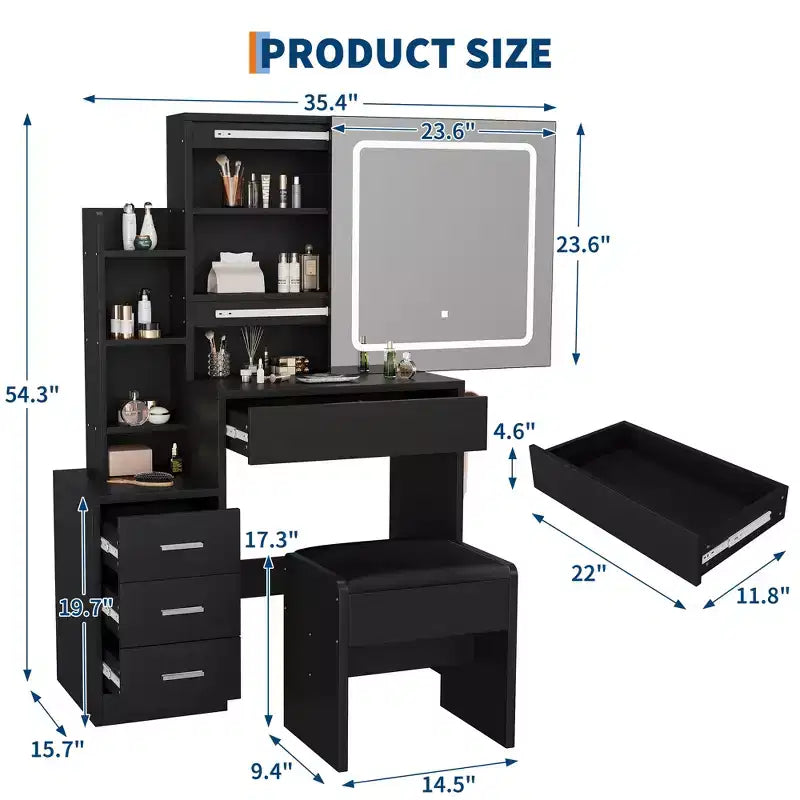 Set Trucco Illuminato a LED con Sgabello, 4 Cassetti e Specchio Scorrevole, Nero/Bianco, Singolo