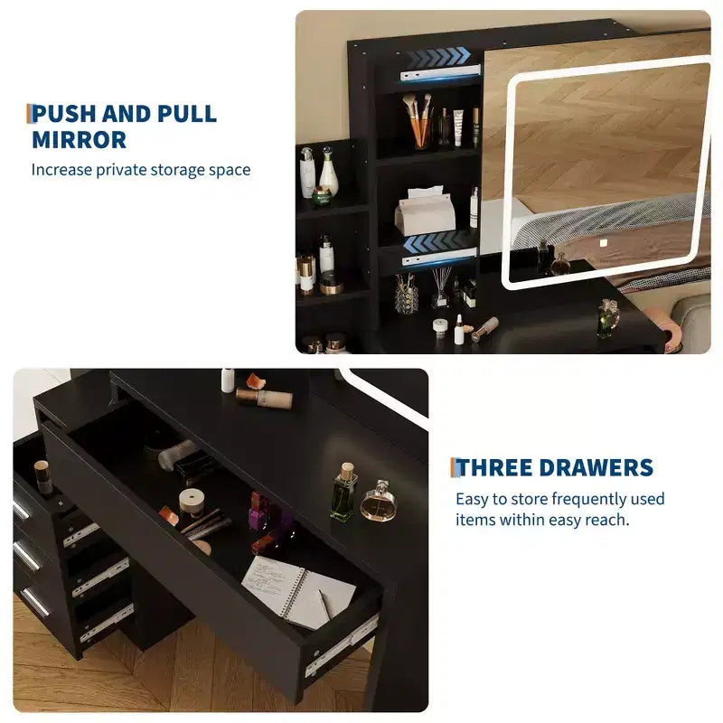 Set Trucco Illuminato a LED con Sgabello, 4 Cassetti e Specchio Scorrevole, Nero/Bianco, Singolo