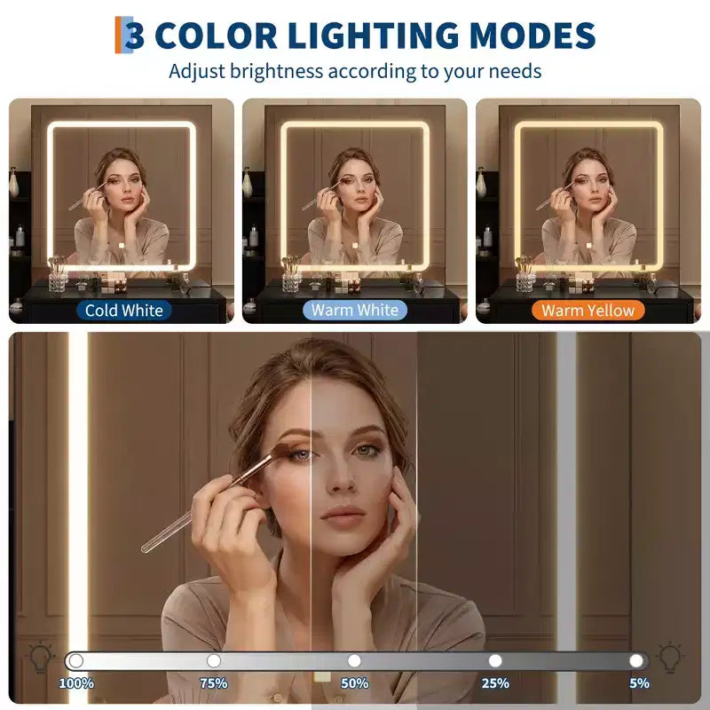 Set Trucco Illuminato a LED con Sgabello, 4 Cassetti e Specchio Scorrevole, Nero/Bianco, Singolo