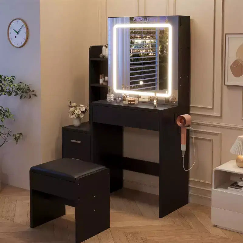 Set Trucco Illuminato a LED con Sgabello, 4 Cassetti e Specchio Scorrevole, Nero/Bianco, Singolo
