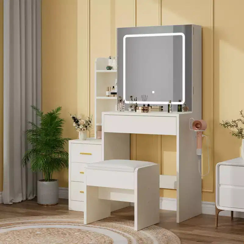 Set Trucco Illuminato a LED con Sgabello, 4 Cassetti e Specchio Scorrevole, Nero/Bianco, Singolo