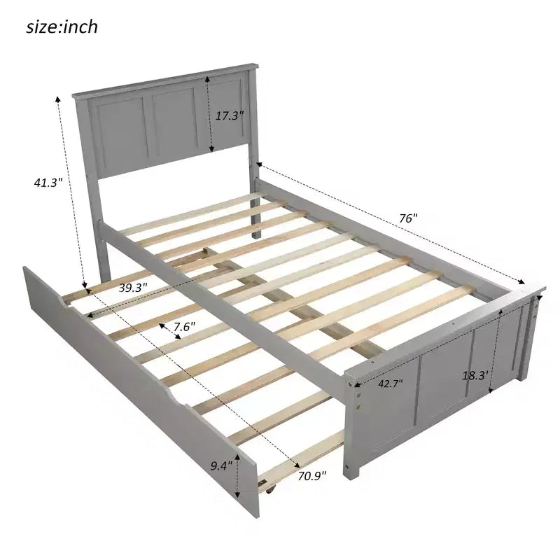 Letto a piattaforma singolo grigio con letto estraibile, per 2 persone