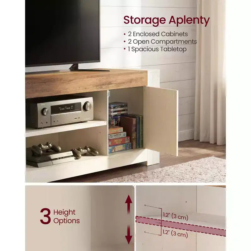 Mobile porta TV rustico bianco e marrone miele con contenitore, adatto per TV fino a 65", assemblaggio a 2 persone