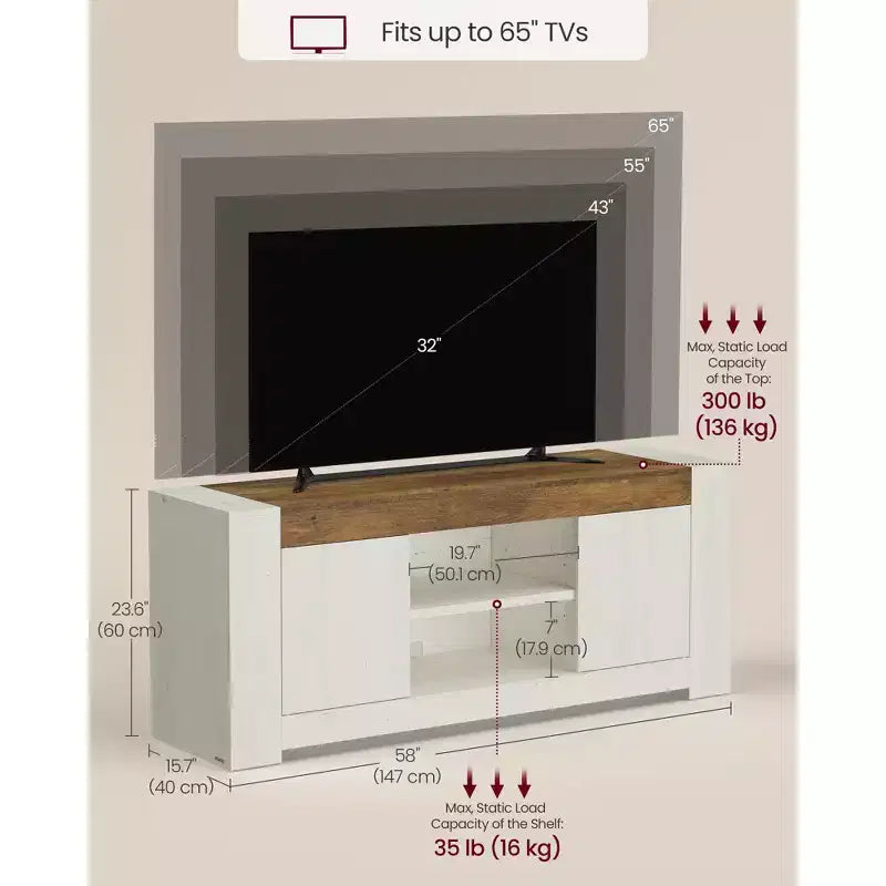Mobile porta TV rustico bianco e marrone miele con contenitore, adatto per TV fino a 65", assemblaggio a 2 persone