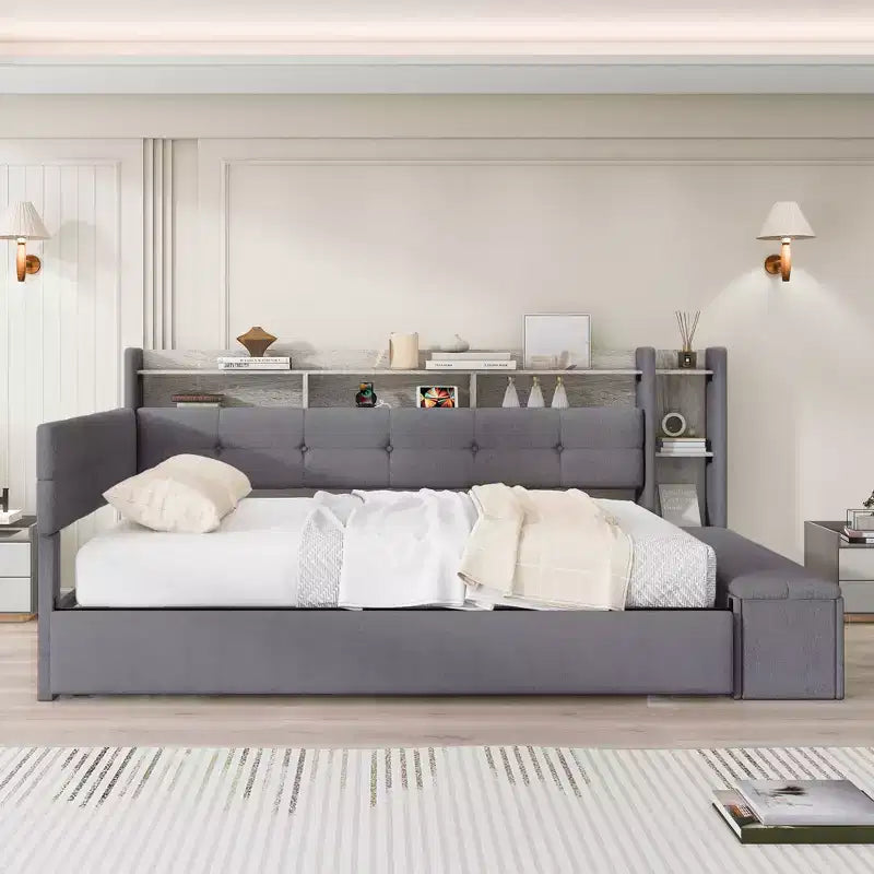 Divano Letto in Tessuto Beige/Grigio con Letto Estraibile, Contenitore e Mensole – Posti 2