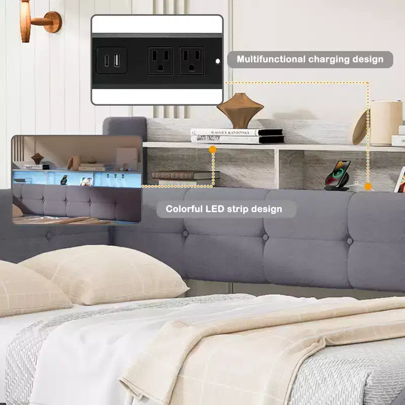 Divano Letto in Tessuto Beige/Grigio con Letto Estraibile, Contenitore e Mensole – Posti 2