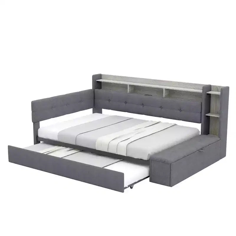 Divano Letto in Tessuto Beige/Grigio con Letto Estraibile, Contenitore e Mensole – Posti 2