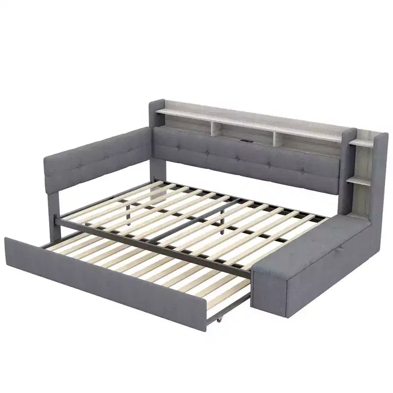Divano Letto in Tessuto Beige/Grigio con Letto Estraibile, Contenitore e Mensole – Posti 2