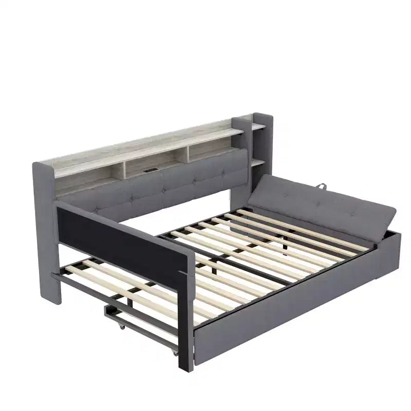 Divano Letto in Tessuto Beige/Grigio con Letto Estraibile, Contenitore e Mensole – Posti 2