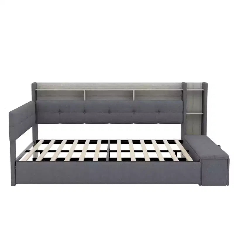 Divano Letto in Tessuto Beige/Grigio con Letto Estraibile, Contenitore e Mensole – Posti 2
