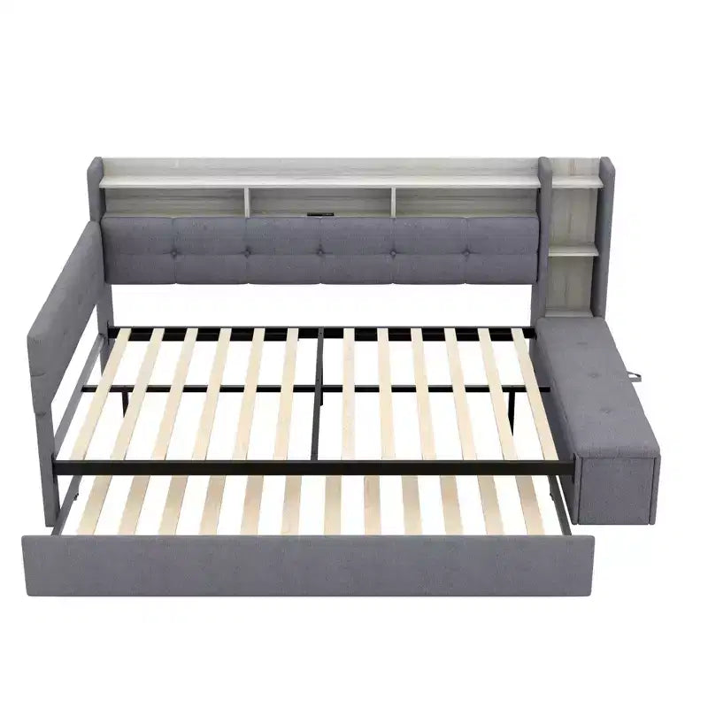 Divano Letto in Tessuto Beige/Grigio con Letto Estraibile, Contenitore e Mensole – Posti 2