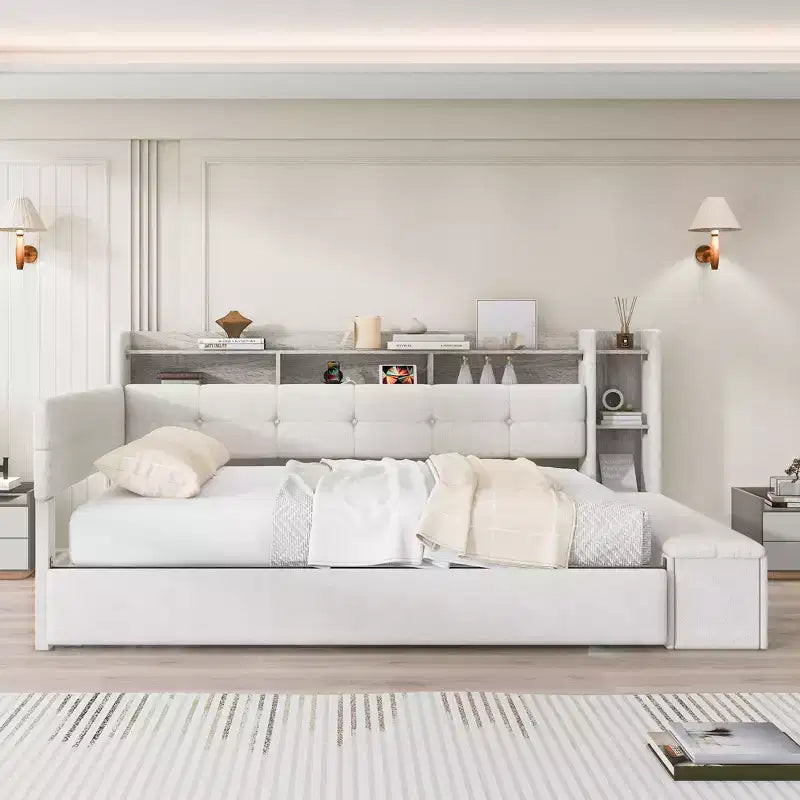 Divano Letto in Tessuto Beige/Grigio con Letto Estraibile, Contenitore e Mensole – Posti 2