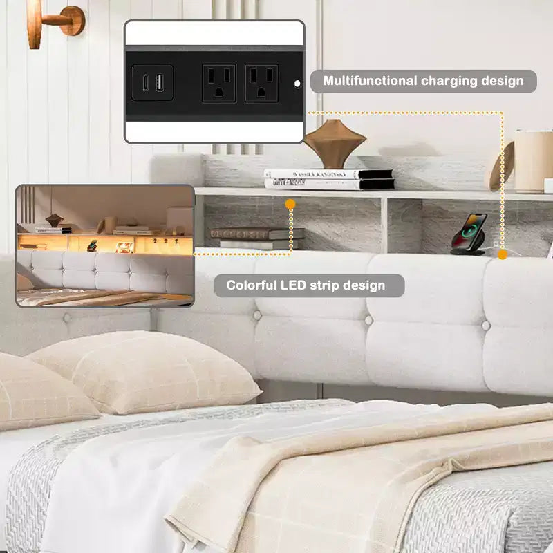 Divano Letto in Tessuto Beige/Grigio con Letto Estraibile, Contenitore e Mensole – Posti 2